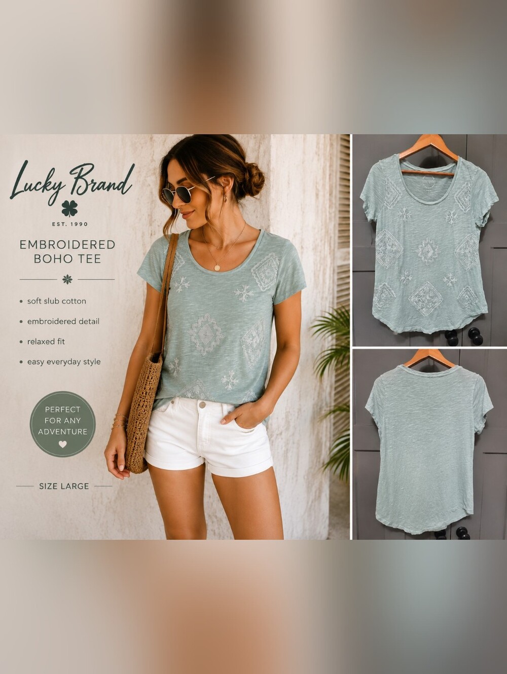 Lucky Brand Mint Embroidered Slub Cotton Boho Tee Top Size Large